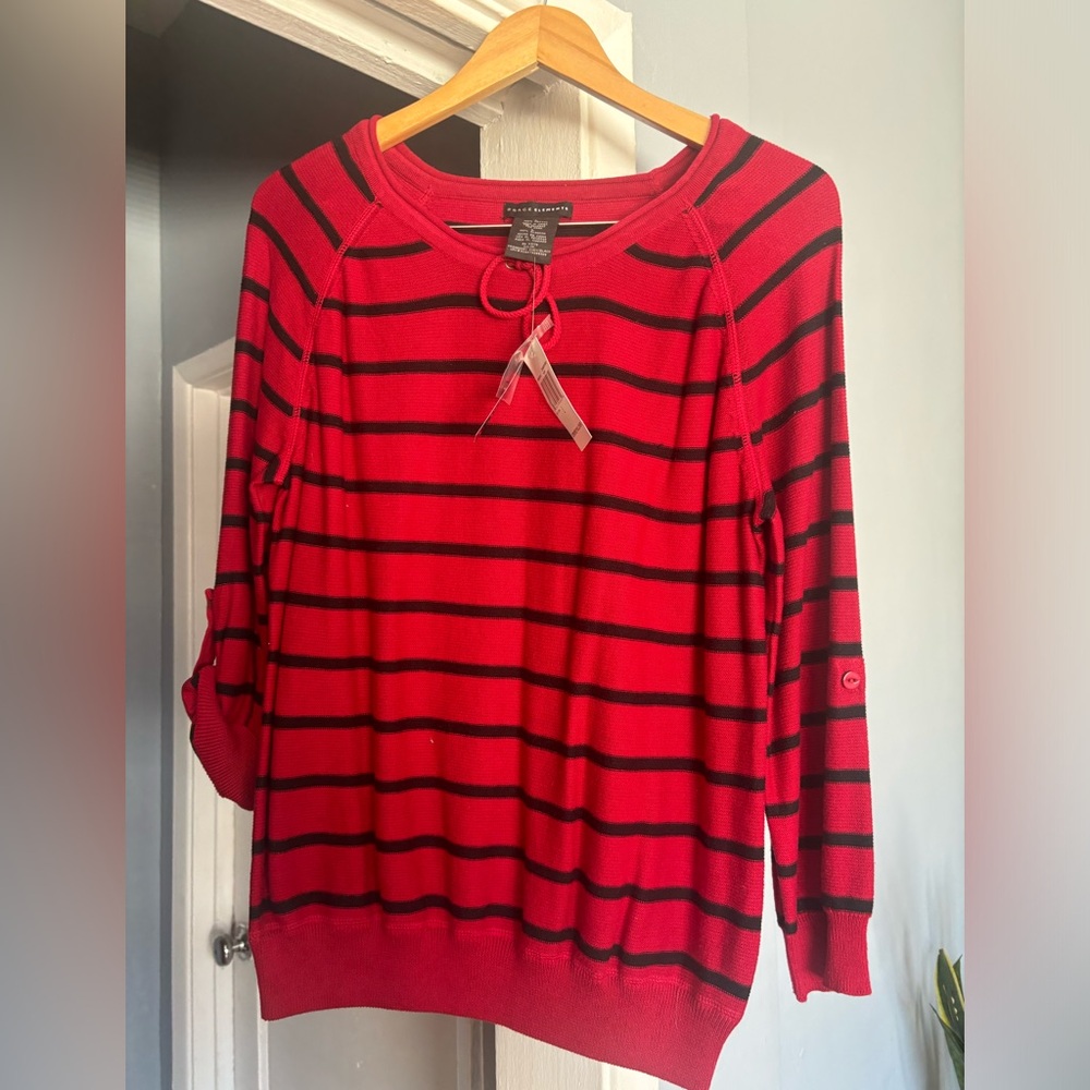 Grace Elements Roll Tab Slv Pullover Sweater Cranberry/Black Women's Sz L NWT